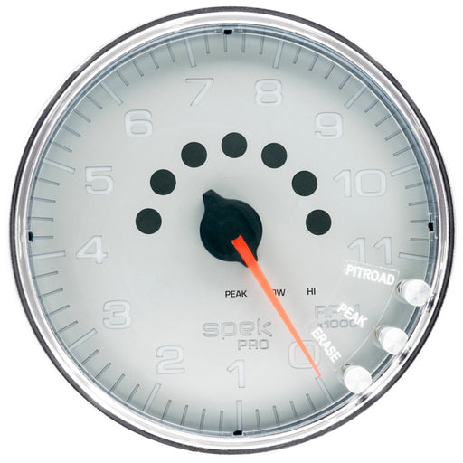 AutoMeter Spek-Pro Gauge Tachometer 5in 11K Rpm W/Shift Light & Peak Mem Silver/Chrome