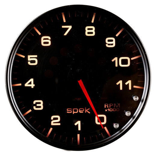 AutoMeter Spek-Pro Gauge Tachometer 5in 11K Rpm W/Shift Light & Peak Mem Black/Black