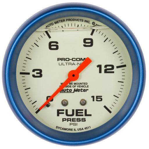 AutoMeter 2-5/8" Fuel Pressure, 0-15 PSI, Mechanical, Liquid Filled, Ultra-Nite