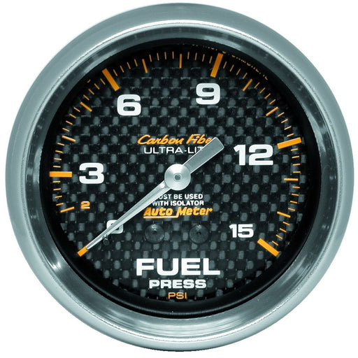 AutoMeter 2-5/8" Fuel Pressure W/ Isolator, 0-15 Psi, Mechanical, Carbon Fiber