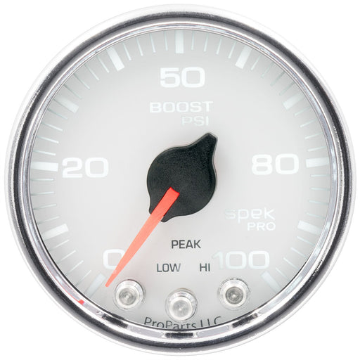 AutoMeter 2-1/16" Boost, 0-100 Psi, Stepper Motor, Spek-Pro, White Dial, Chrome Bezel, Clear Lens