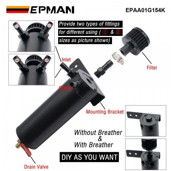 EPMAN Universal Aluminum Oil Catch Can XL +Breather Filter+ Mounting Bracket Kit + Filter 7.50z