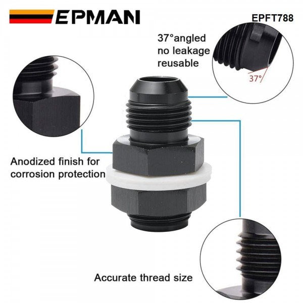EPMAN Straight Black Aluminum Fuel Cell / Tank Bulkhead Adapter Fitting  With Te-fl-on Washer - AN6, AN8, AN10