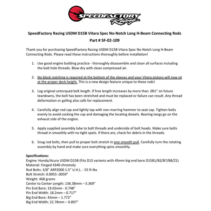 SpeedFactory Racing USDM D15B Vitara Spec No-Notch Forged Steel H-Beam Long Connecting Rods - set of 4 rods