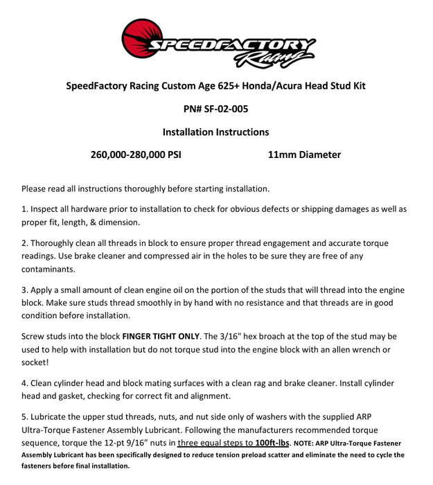 SpeedFactory Racing Extreme Pro Duty CA625+ Head Stud Kit for Honda B & K Series