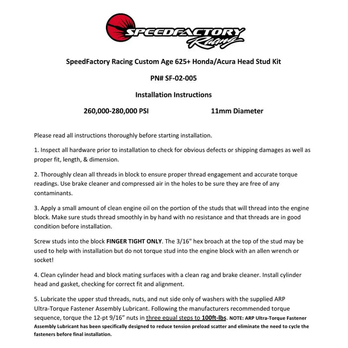 SpeedFactory Racing Extreme Pro Duty CA625+ Head Stud Kit for Honda B & K Series