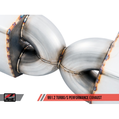 AWE Tuning Porsche 991.2 Turbo Performance Exhaust and High-Flow Cat Sections - Silver Quad Tips