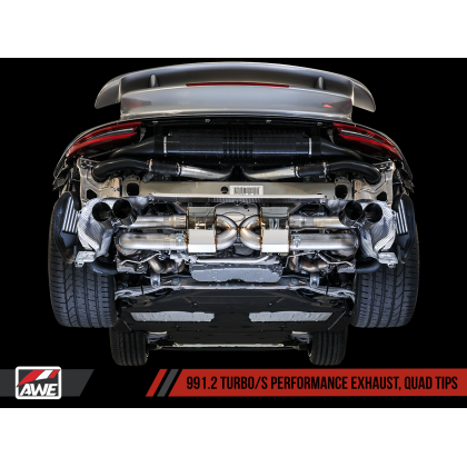 AWE Tuning Porsche 991.2 Turbo Performance Exhaust and High-Flow Cat Sections - Silver Quad Tips