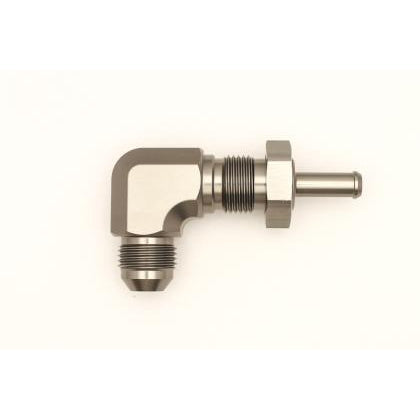 DeatschWerks 8AN Male Flare To 5/16in. Male Barb Bulkhead Adapter 90-Degree (Incl. Nut)