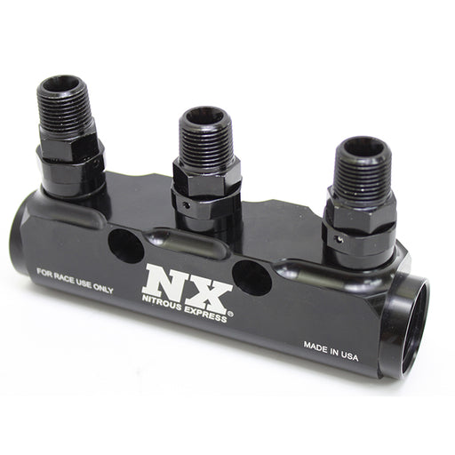 Nitrous Express 3 Port Fuel Log W/ Swivel 3/8NPT X -8 O-ring Outlet Fittings. -12 O-Ring Inlets And -8 O-Ring Outlets
