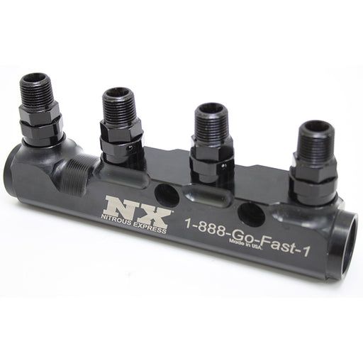 Nitrous Express 4 Port Fuel Log W/ Swivel 3/8NPT X -8 O-ring Outlet Fittings. -12 O-Ring Inlets And -8 O-Ring Outlets