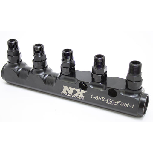 Nitrous Express 5 Port Fuel Log W/ Swivel 3/8NPT X -8 O-ring Outlet Fittings. -12 O-Ring Inlets And -8 O-Ring Outlets