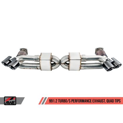 AWE Tuning Porsche 991 Turbo Performance Exhaust and High-Flow Cat Sections - Black Quad Tips