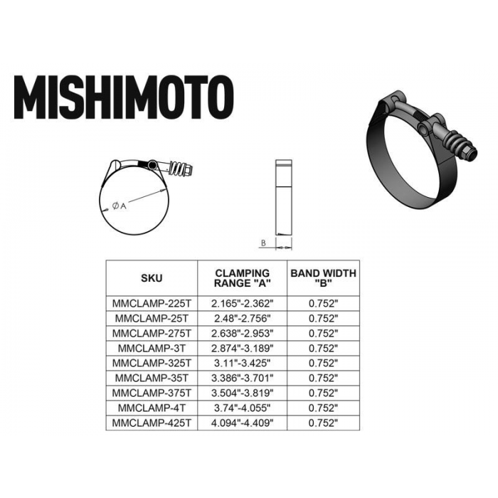 Mishimoto Stainless Steel Constant Tension T-Bolt Clamp, 4.09" ????????? 4.41" (104mm ????????? 112mm)