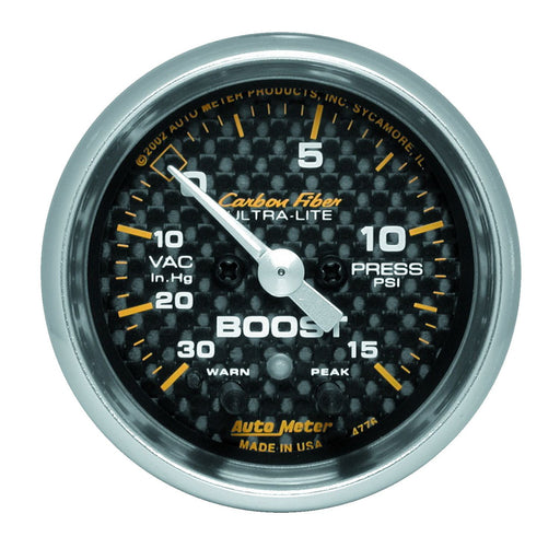 AutoMeter 2-1/16" Boost/Vacuum, W/ Peak & Warn, 30 In Hg/15 Psi, Stepper Motor, Carbon Fiber