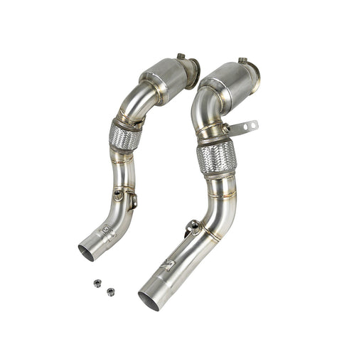 aFe Power Twisted Steel Down Pipe 3-1/2 to 3 IN 304 Stainless Steel w/ Cat BMW X5 M (F85) / X6 M (F86) 15-19 V8-4.4L (tt) S63