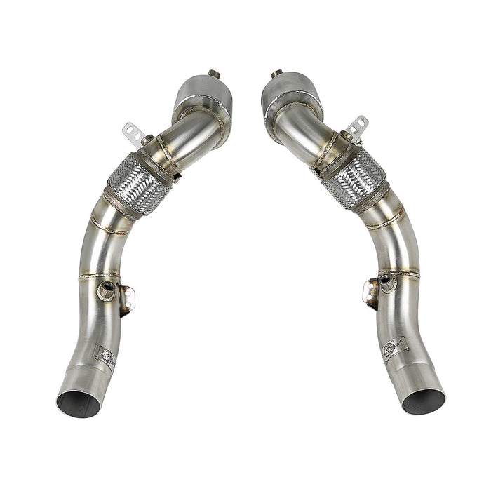 aFe Power Twisted Steel Down Pipe 3-1/2 to 3 IN 304 Stainless Steel w/ Cat BMW X5 M (F85) / X6 M (F86) 15-19 V8-4.4L (tt) S63
