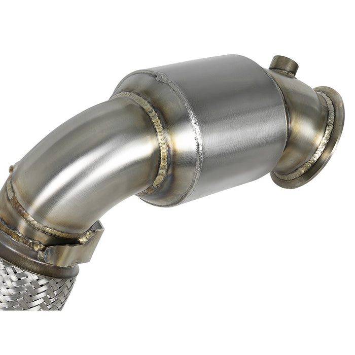 aFe Power Twisted Steel Down Pipe 3-1/2 to 3 IN 304 Stainless Steel w/ Cat BMW X5 M (F85) / X6 M (F86) 15-19 V8-4.4L (tt) S63