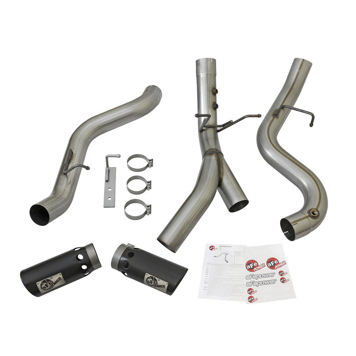aFe Power Large Bore-HD 4 IN 409 Stainless Steel DPF-Back Exhaust System w/Dual Black Tips GM Diesel Trucks 17-19 V8-6.6L (td) L5P