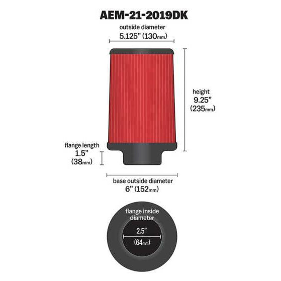 AEM DryFlow Air Filter Air Filter Kit 2.5in X 9in Dryflow