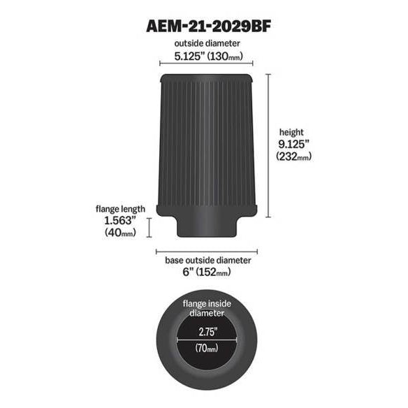 AEM Dryflow Conical Air Filter 2.75in Flange ID / 6in Base OD / 5.125in Top OD / 9.125in Height