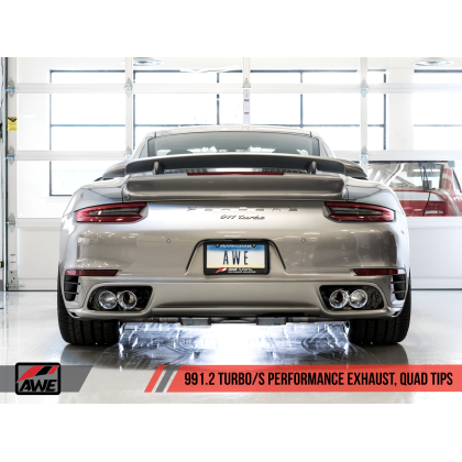 AWE Tuning Porsche 991.2 Turbo Performance Exhaust and High-Flow Cat Sections - Silver Quad Tips