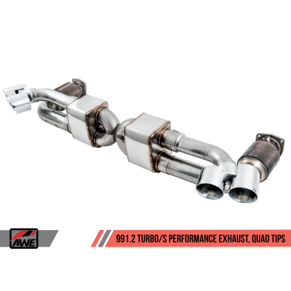AWE Tuning Porsche 991.2 Turbo Performance Exhaust and High-Flow Cat Sections - Silver Quad Tips