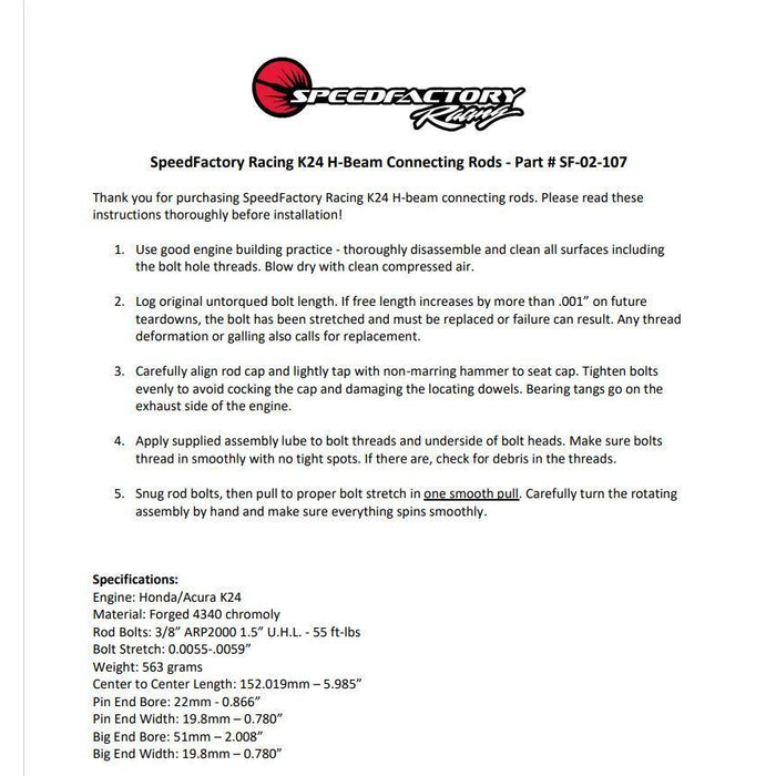 SpeedFactory Forged Steel H-Beam Rods - K24