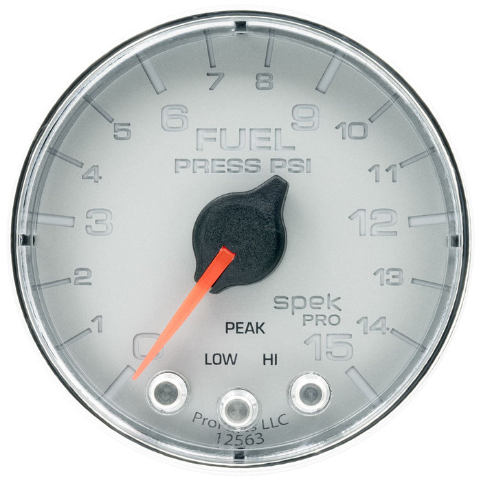 AutoMeter Spek-Pro Gauge Fuel Press 2 1/16in 15psi Stepper Motor W/Peak & Warn Slvr/Chrm