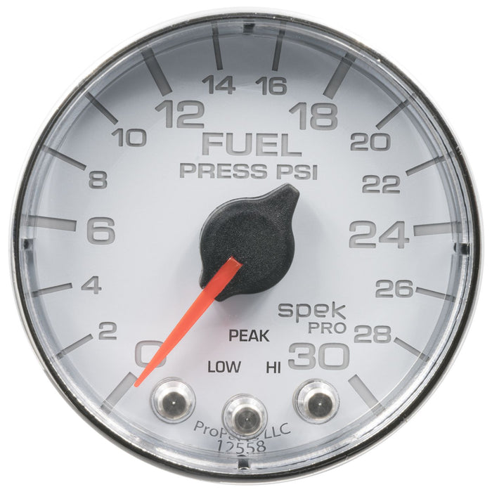 AutoMeter 2-1/16" Fuel Pressure, 0-30 Psi, Stepper Motor, Spek-Pro, White Dial, Chrome Bezel, Flat Antiglare Lens