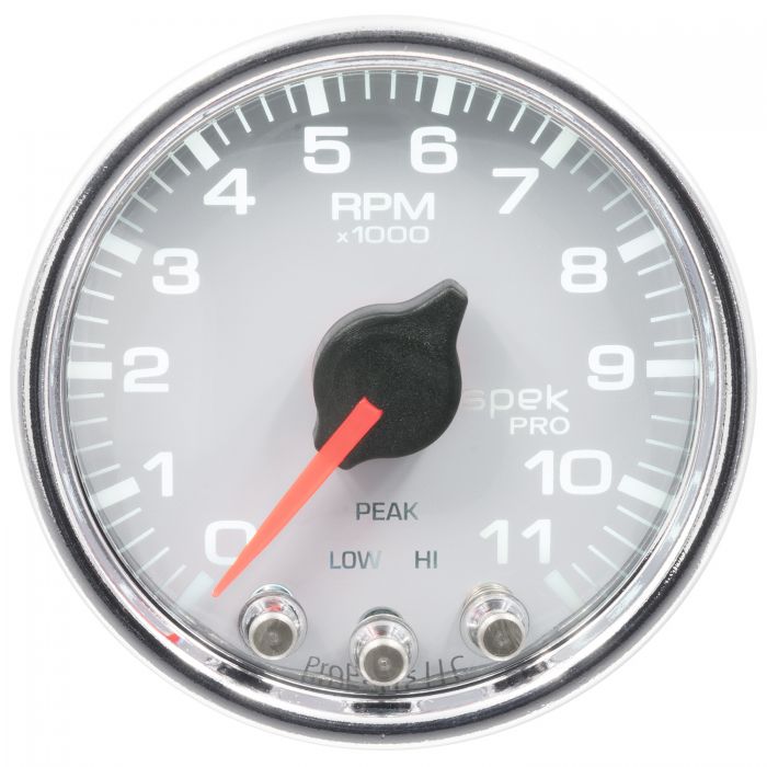 AutoMeter 2-1/16" In-Dash Tachometer, 0-11,000 RPM, Spek-Pro, White Dial, Chrome Bezel, Clear Lens