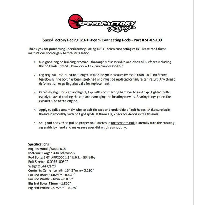 SpeedFactory Forged Steel H-Beam Rods - B16A