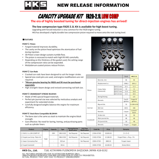 HKS Piston Kits FA20 2.1L Low Comp