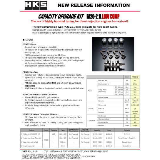 HKS Piston Kits FA20 2.1L Low Comp