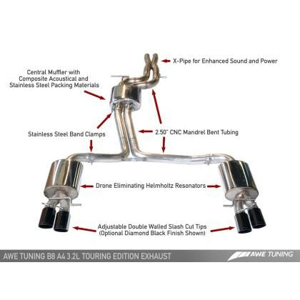 AWE Tuning Audi B8 A4 3.2L Touring Edition Exhaust - Quad 90mm (3.54 in) Polished Silver Tips