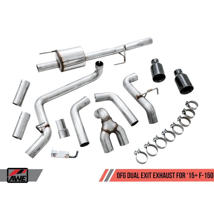 AWE Tuning 2015+ Ford F-150 0FG Dual Exit Performance Exhaust System w/5in Chrome Silver Tips