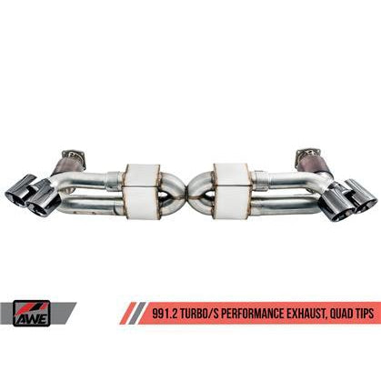 AWE Tuning Porsche 991.2 Turbo Performance Exhaust and High-Flow Cat Sections - Silver Quad Tips