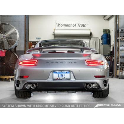 AWE Tuning Porsche 991.1 Turbo Performance Exhaust and High-Flow Cats - Silver Quad Tips
