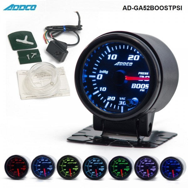 ADDCO - 52mm Universal PSI Turbo Boost Gauge LED 7 colours With Sensor and Holder